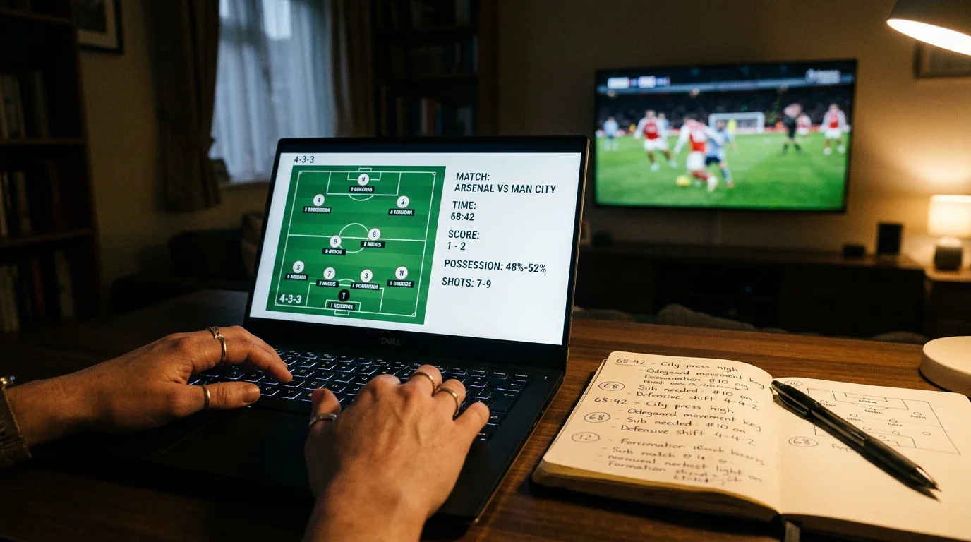 Analista revisando datos de partidos de la Championship en un portátil con notas y apuntes