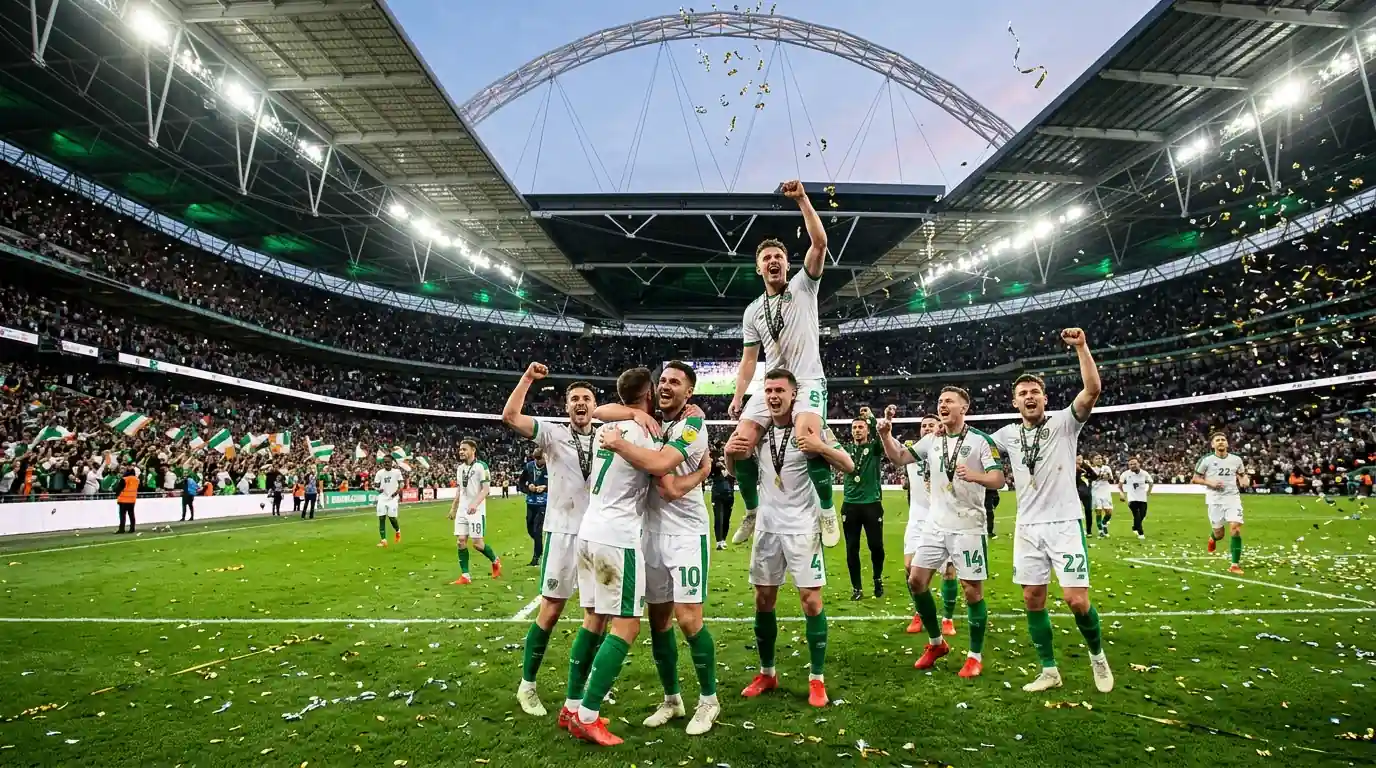 Jugadores celebrando el ascenso a la Premier League tras la final del play-off en Wembley